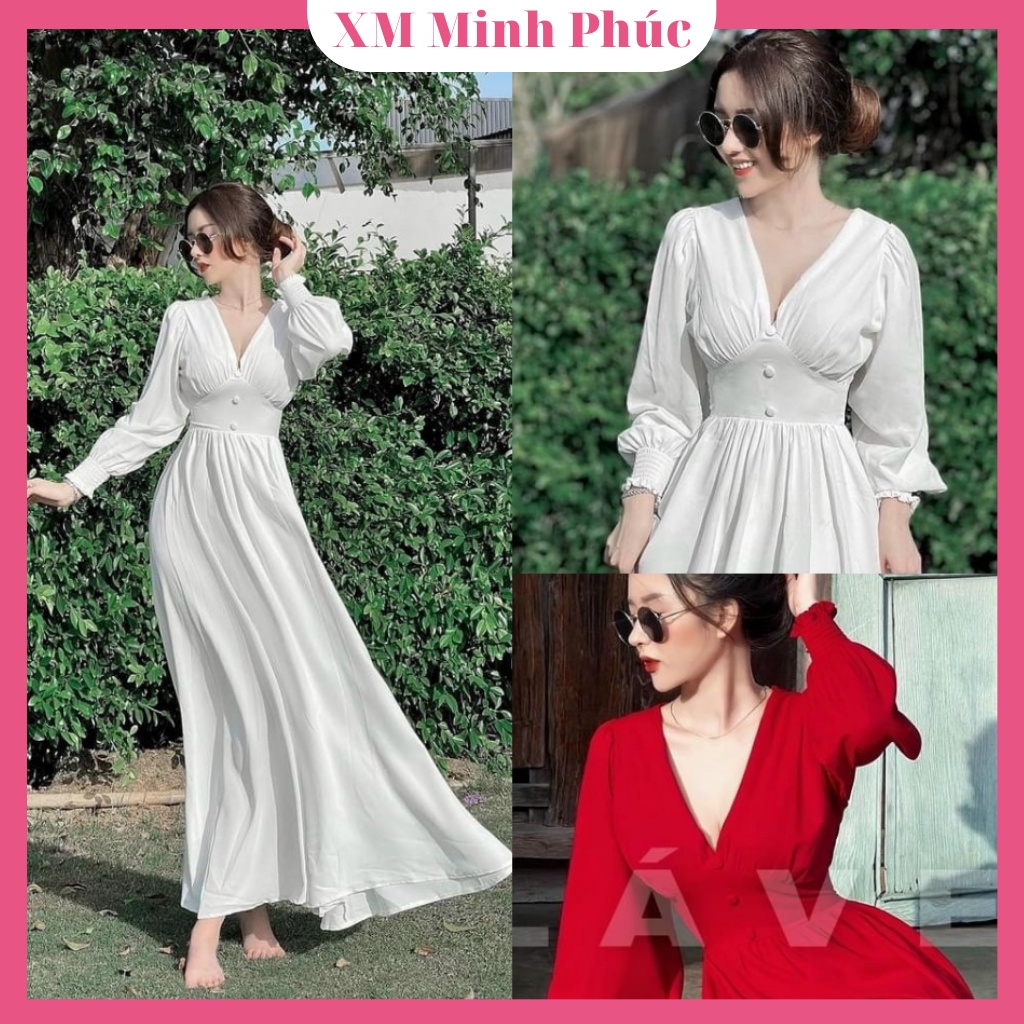 Đầm Maxi Dáng Xòe Dự Tiệc Cổ Tim Hai Màu Trắng Đỏ Tiểu Thư Đi Biển Dạo Phố Sang Chảnh Thời Trang Váy Nữ Minh Phúc
