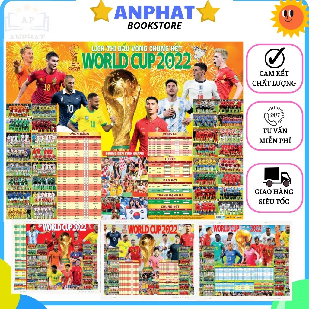 (COMBO 4 MẪU )Tờ Tranh Lịch Thi Đấu World Cup 2022 Theo Giờ VN.