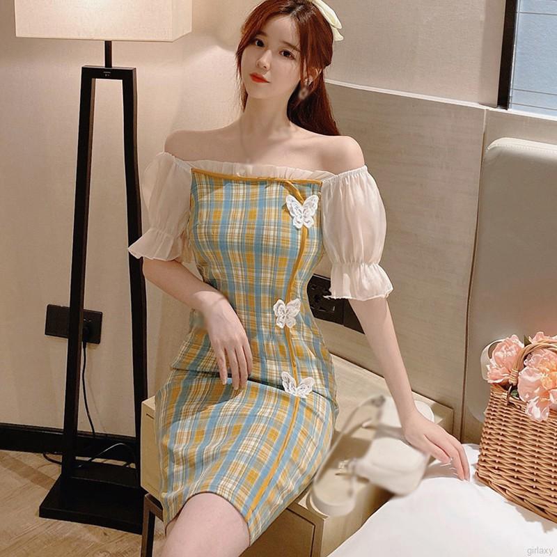 Đầm Tay Ngắn Cổ Vuông Họa Tiết Hình Bướm Phong Cách Retro Pháp Nữ Tính