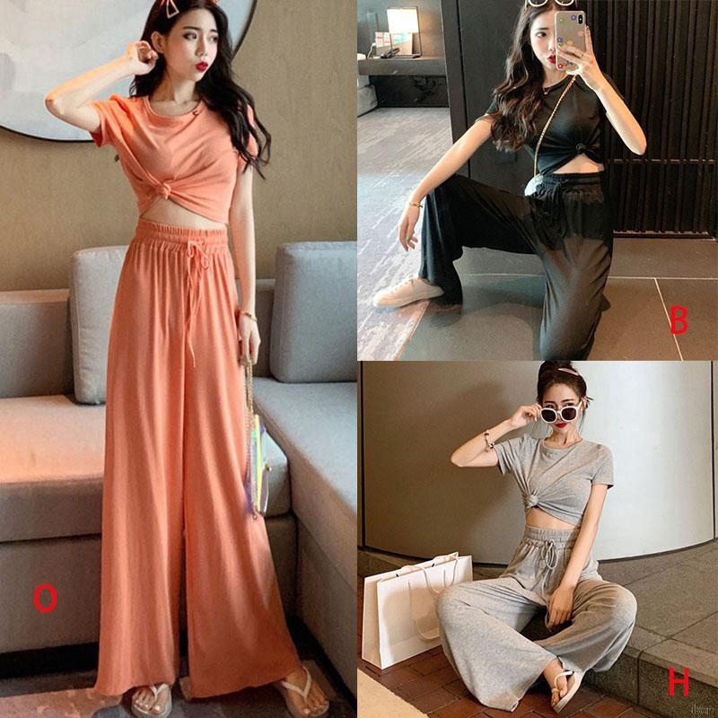 Set áo thun + quần dài màu trơn thời trang cho nữ