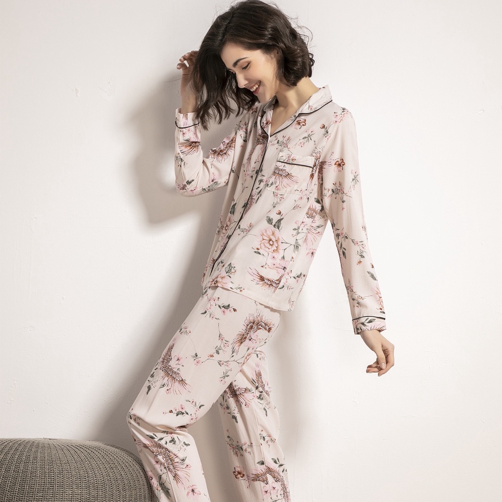 Bộ ngủ dài tay nữ vải lụa cotton thoải mái Pijama mặc nhà mùa thu đông