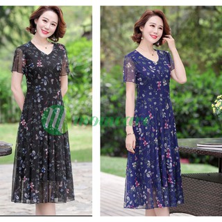 Váy nữ trung niên cho mẹ Voan V74, Áo đầm trung tuổi thời trang mùa hè đẹp cao cấp sang trọng dự tiệc U40 U50 Bigsize