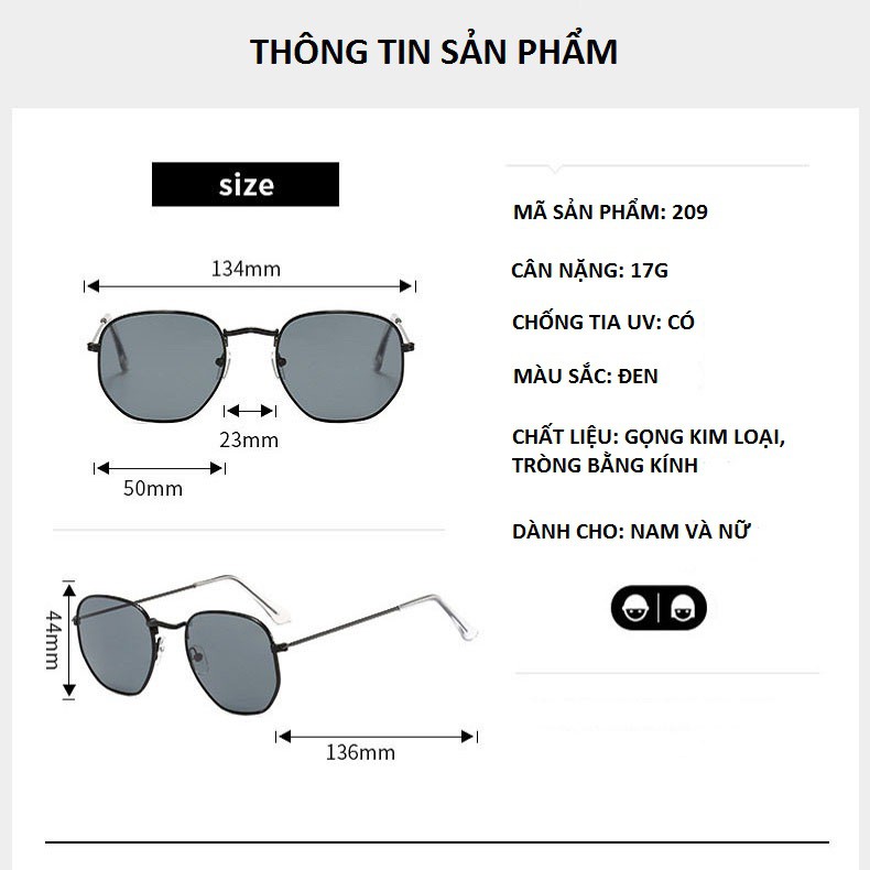 Kính mát thời trang nam nữ gọng vuông mắt kính chống tia UV phong cách Hàn Quốc đẹp giá rẻ ABICA 209