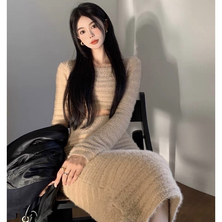 Set Váy Len Dệt Kim Dài Tone Nâu Ôm Body Siêu Tôn Dáng