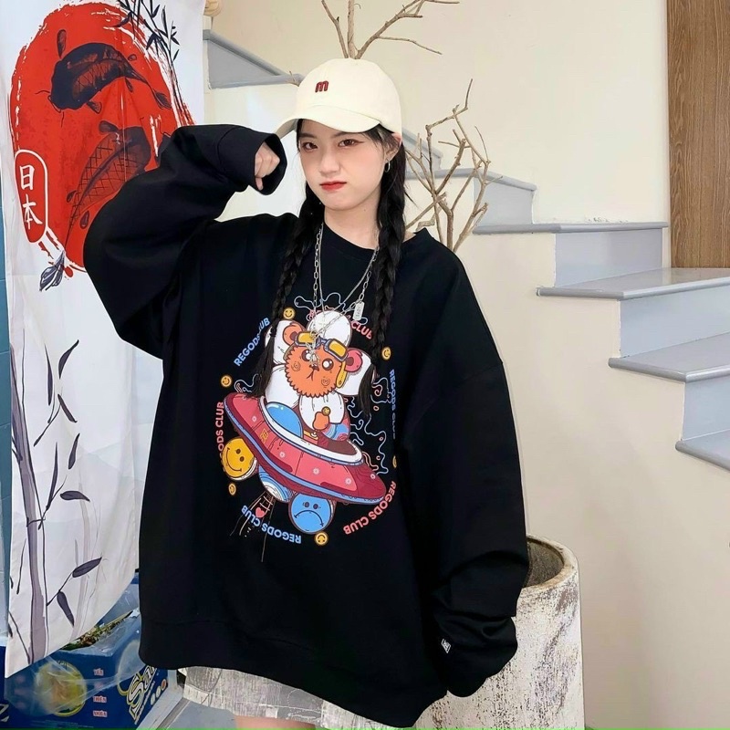 [siêu hot]áo hoodie pe không nón chất vải mềm mịn dễ mặc in hình chua gấu ngồi phi thuyền