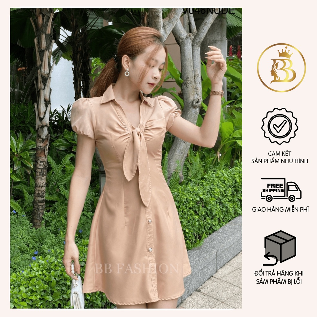 Váy sơmi nhún ngực tay bồng, Đầm nữ cổ trụ chất chéo hàn cao cấp mềm mịn không nhăn V046