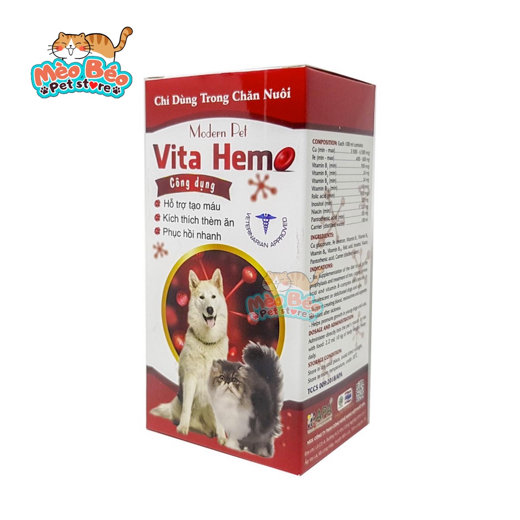 Bổ máu cho chó mèo VITA-HEM hỗ trợ tạo máu kích thích thèm ăn - chai 100ml