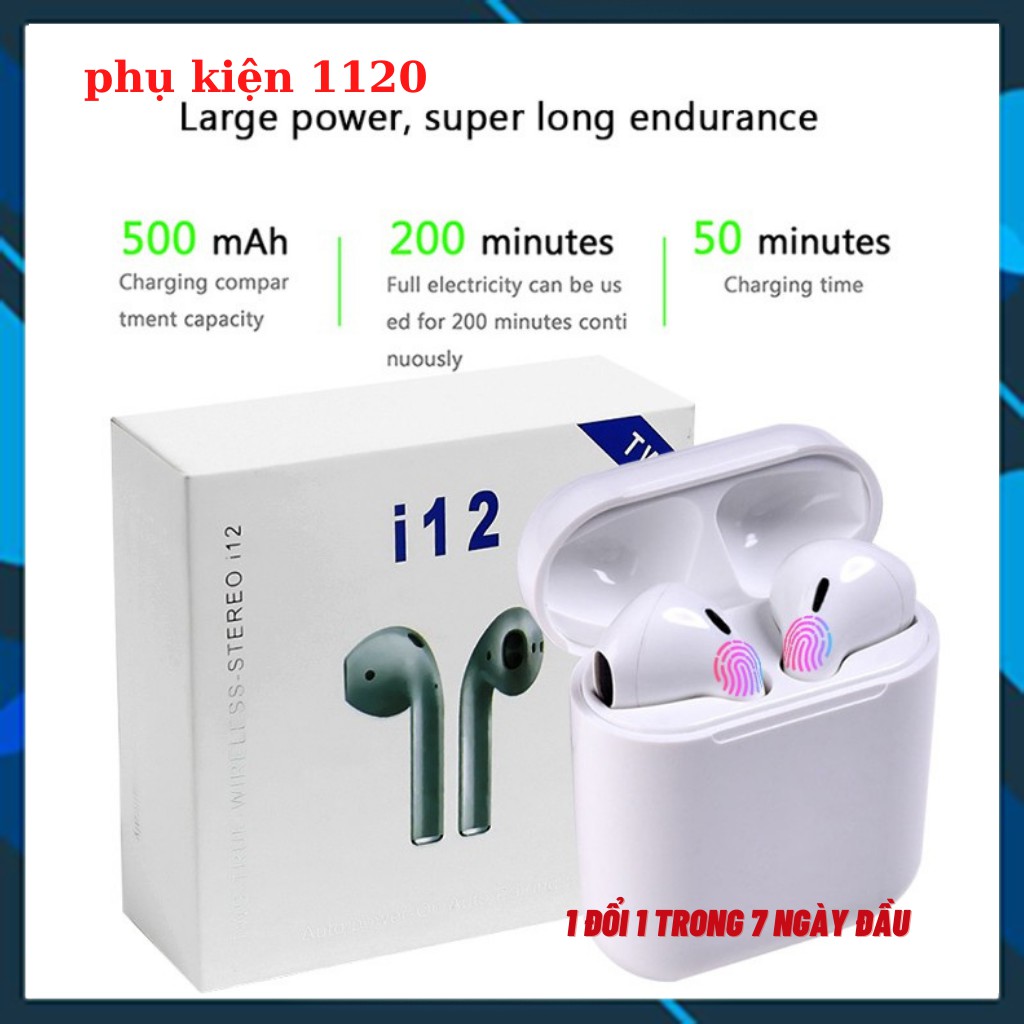 Tai Nghe không dây I12 kết nối bluetooth 5.0 cảm ứng âm thanh hifi có mic đàm thoại