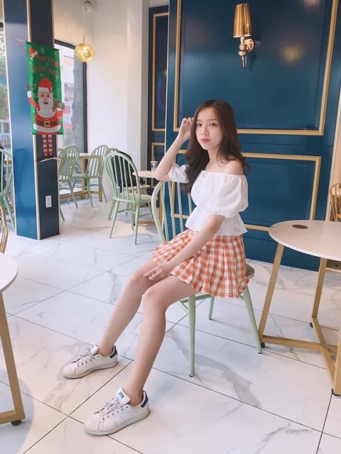 Sunshine Set - Set áo trễ vai + váy caro xếp li🧡