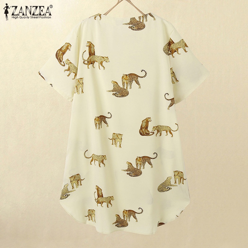 ZANZEA Đầm Tay Ngắn Cổ Tròn Cài Nút Trước Họa Tiết Động Vật Thời Trang Cho Nữ