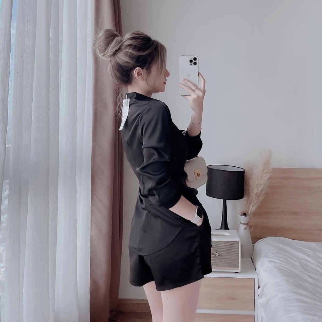 Mẫu Mới Áo Sơ Mi Cổ V Mix Quần Đùi Áo Xoắn Ốc Hình Vạt Bầu Tay Dài , Set 2 Màu Đen Trắng Vải Tuyết Mưa