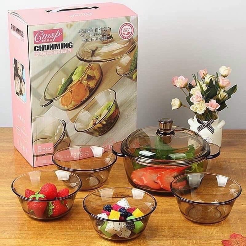 Bộ bát thủy tinh 5 món kèm nồi cực chất CHUNMING, Set 5 món thuỷ tinh cao cấp trộn salad, sữa chua hoa quả cực đẹp