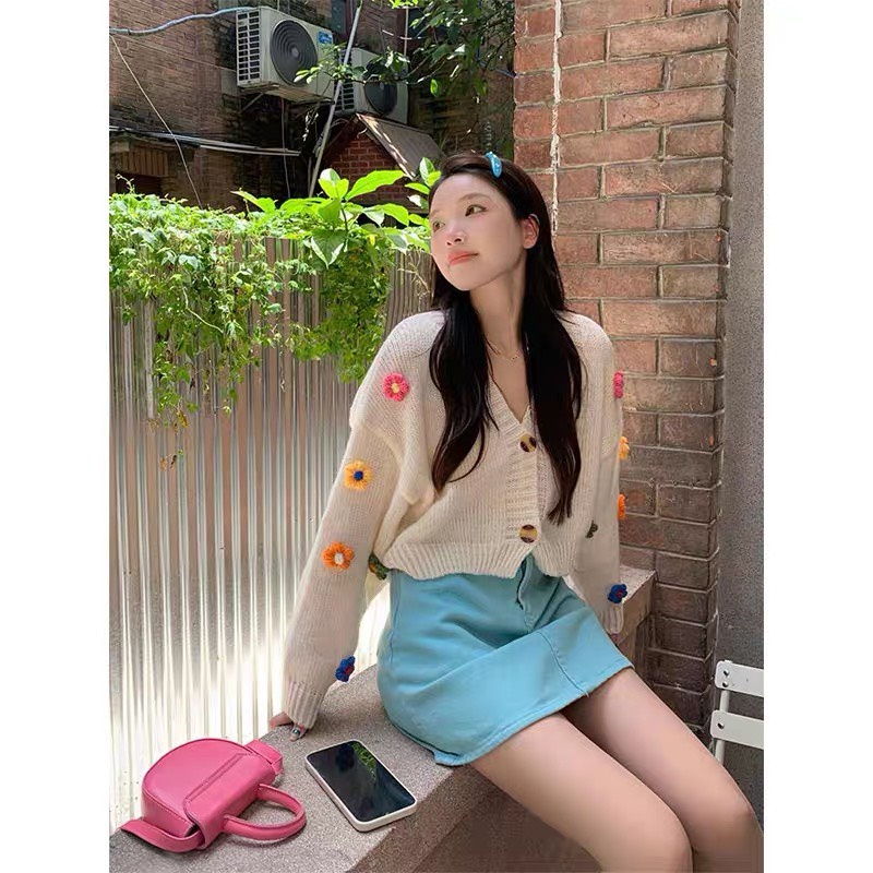 Áo cardigan len dáng lửng đính hoa nổi phong cách hàn quốc Kozoda AL13