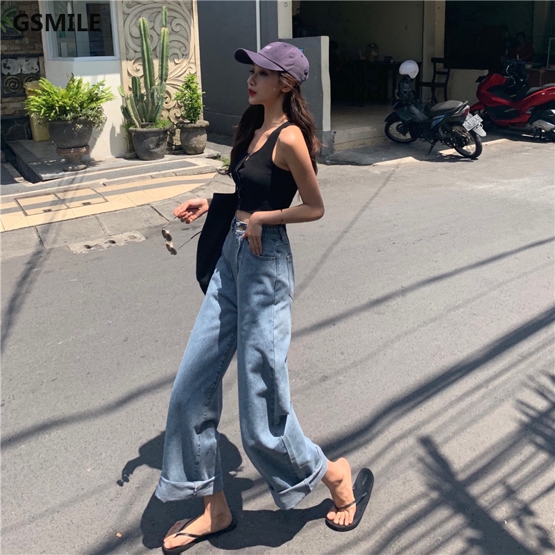 Quần jeans nữ ống rộng kiểu dáng đơn giản phong cách Hàn Quốc | BigBuy360 - bigbuy360.vn