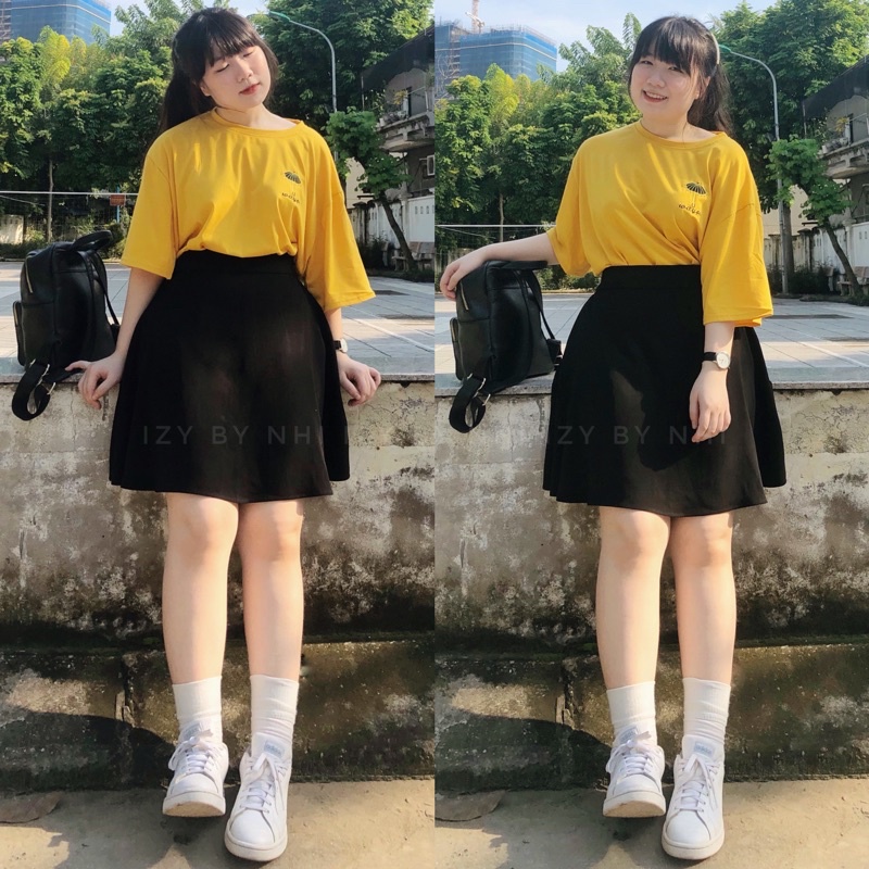 CHÂN VÁY BIGSIZE ĐEN DÁNG XOÈ LƯNG CHUN (CÓ LÓT QUẦN) - IZY BY NHI