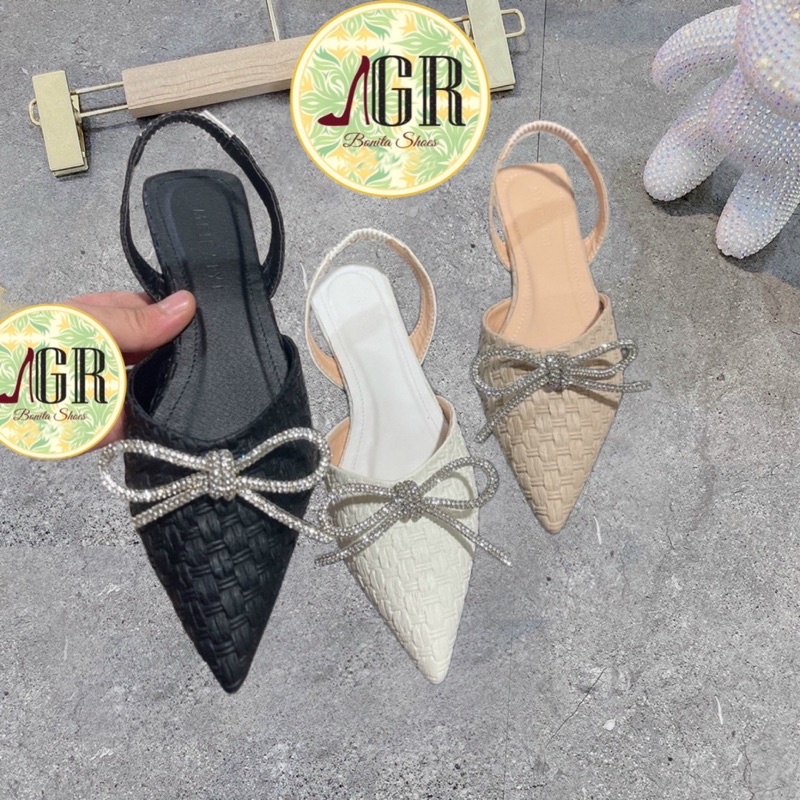 Sandal mũi nhọn đan nổi khoá nơ đính đá cao cấp