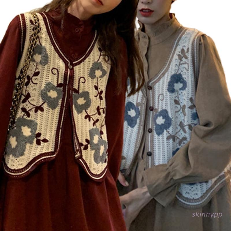 Women Crochet Knit Crop Top Vest Floral Embroidery Sleeveless Cardigan Jacket