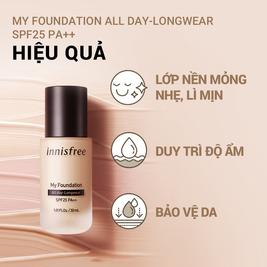 [Mã COSIF05 giảm 10% đơn 400K] Kem nền trang điểm lâu trôi innisfree My Foundation All day Longwear SPF25 PA++ 30ml