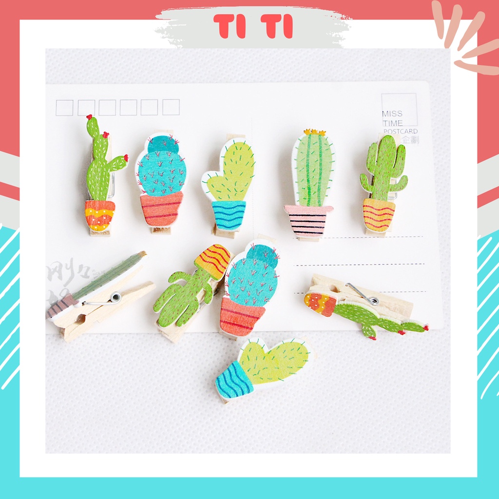 Kẹp gỗ treo ảnh nhiều hình ngộ nghĩnh set túi 10 kẹp tặng dây treo