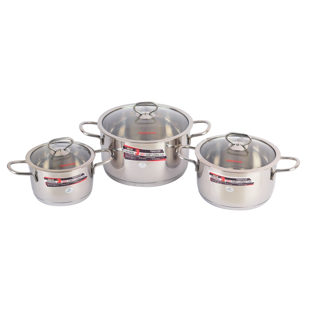 [Mã BMBAU300 giảm 7% đơn 499K] Bộ nồi inox cao cấp 3 đáy nắp kiếng Happy Cook Delux HC06DLG