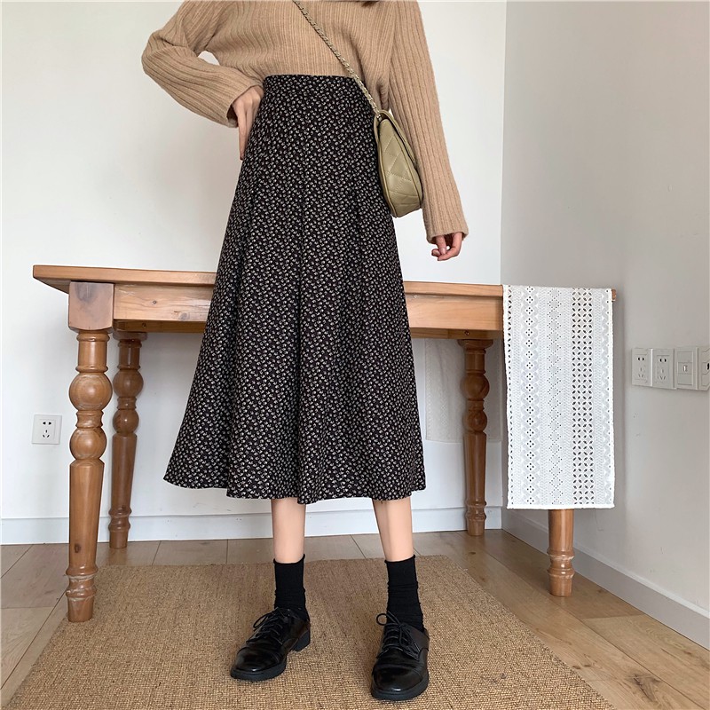 Chân váy hoa nhí xếp li lưng cao phong cách retro Hàn Quốc ulzzang