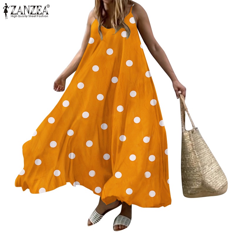 Đầm ZANZEA hai dây chấm bi dáng rộng thời trang dành cho nữ