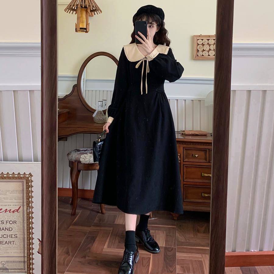 Váy babydoll Đầm Đen Tay Dài Cổ Búp Bê Phong Cách Pháp Thời Trang Thu Đông Cho Nữ