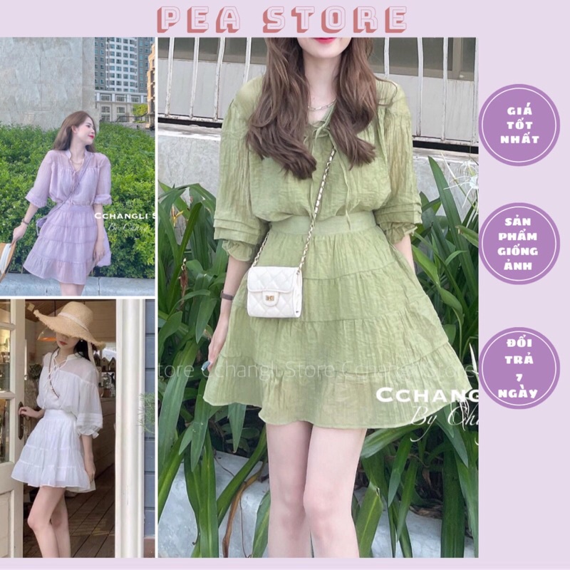 Set áo tơ tay lửng kèm chân váy xoè 3 màu tiểu thư Pea Store - Set áo babydoll tay bồng chân váy xoè tầng (Ảnh thật)