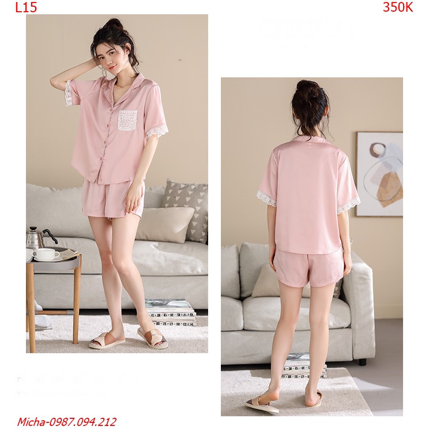 Bộ lụa màu hồng baby tay ren xinh xắn - Micha L15