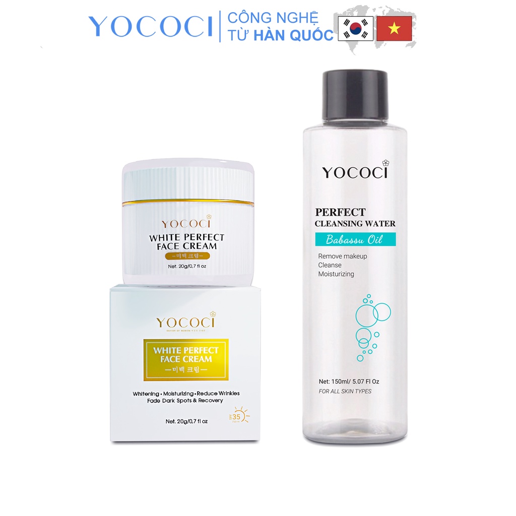 Combo làm sạch và dưỡng trắng da mặt Yococi gồm 1 nước tẩy trang 150ml & 1 kem face 20g