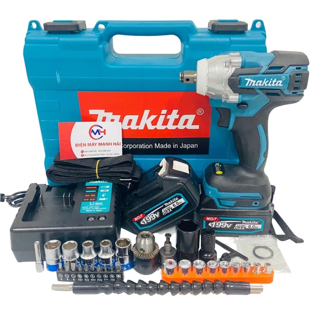 Siết bulong Makita 199V- 2 PIN - ĐẦU 2 TRONG 1 - 2 HÀNG ĐÈN - KHÔNG CHỔI THAN TẶNG BỘ PHỤ KIỆN