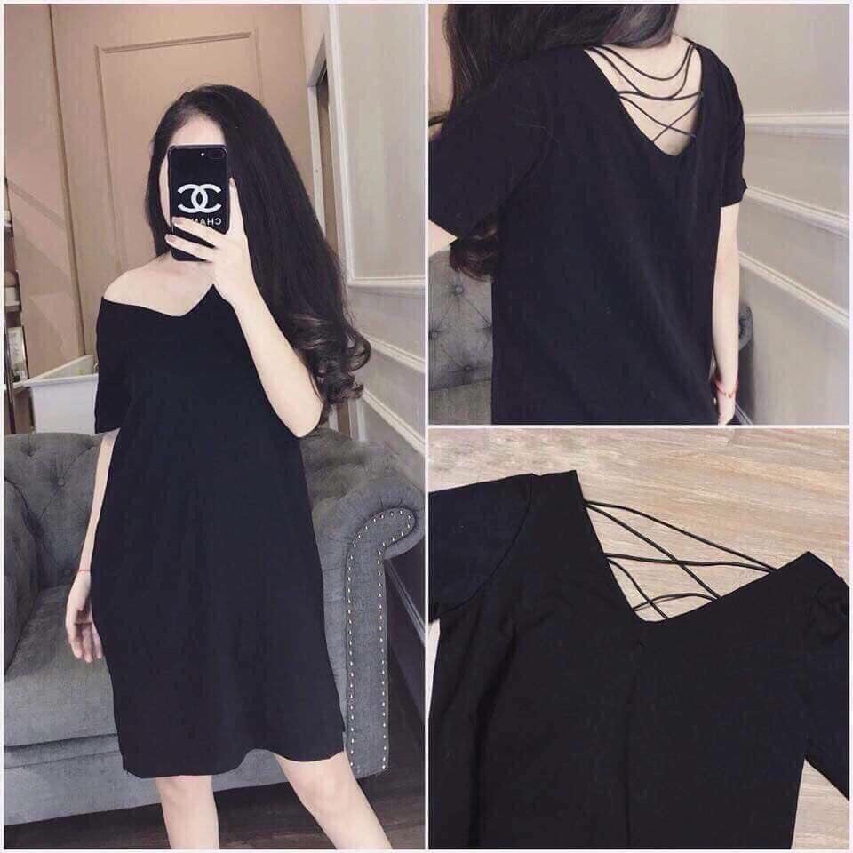 Đầm suông trơn form rộng chất cotton tàu cổ tim đan dây lưng xinh xắn | BigBuy360 - bigbuy360.vn