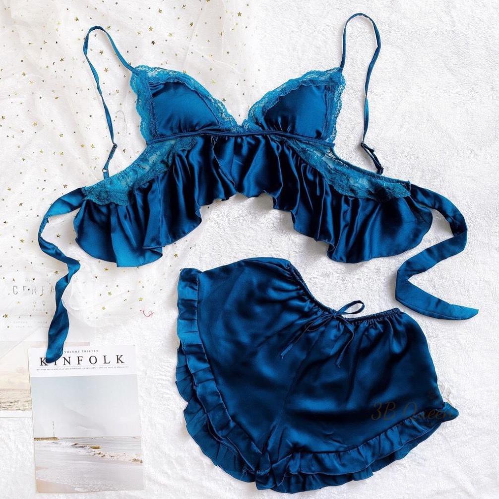 Đồ bộ nữ 2 dây phối ren ngực sexy, đồ ngủ chất liệu satin cao cấp mềm, mịn,  kèm quần đùi siêu cute | BigBuy360 - bigbuy360.vn