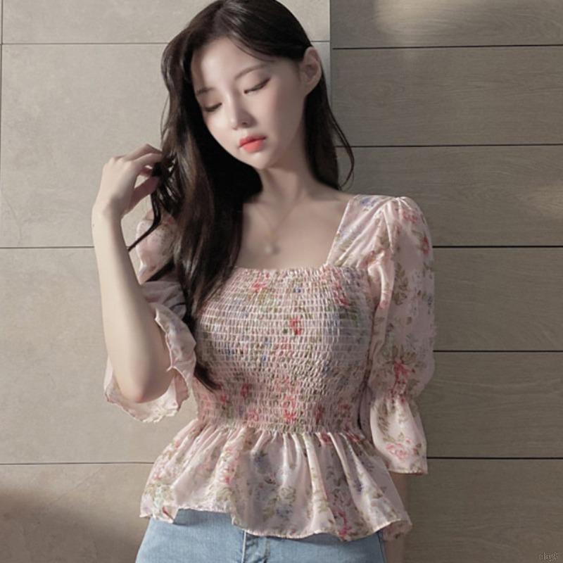 Áo Kiểu Chất Chiffon Tay Ngắn Cổ Vuông Hoạ Tiết Hoa Phong Cách Hàn Quốc