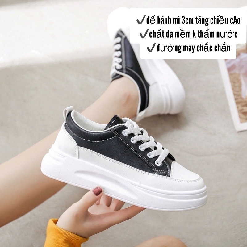Giày thể thao nữ Ulzzang đế bằng bánh mì cao 3 phân, da mềm màu đen trắng hottrend 2021 G50