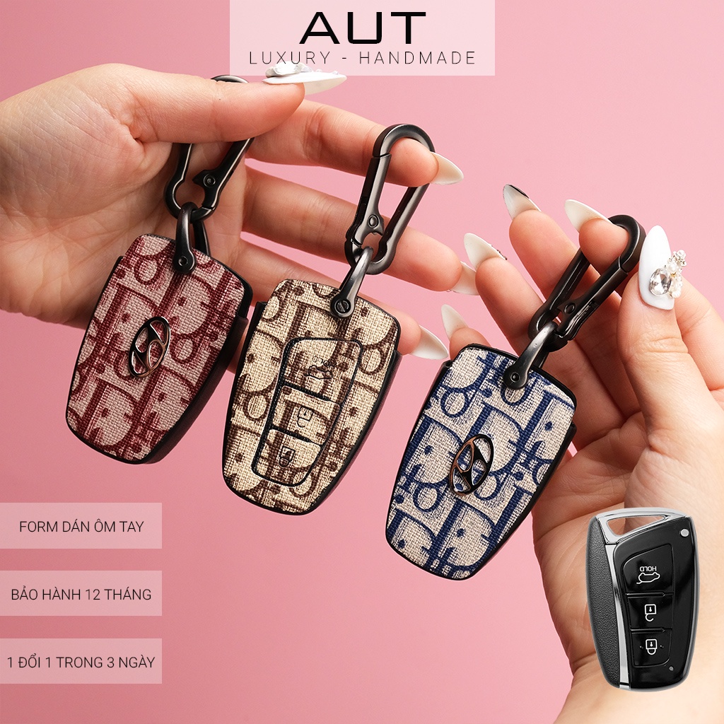 Bao da chìa khoá Hyundai Santafe và chìa khóa độ Dior khâu tay HT CD