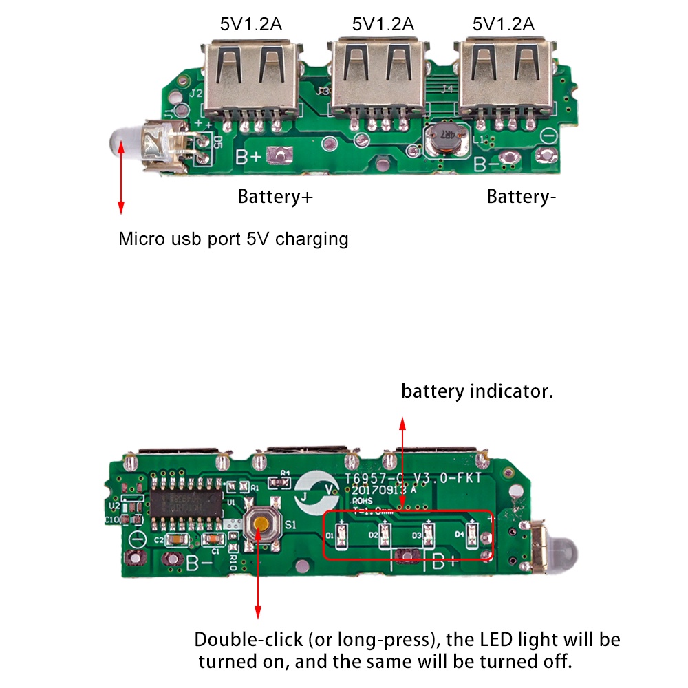 Bảng mạch tăng áp PCBFUN 3 đầu ra usb Li-ion 18650 3V 5V có đèn LED cho sạc dự phòng DIY