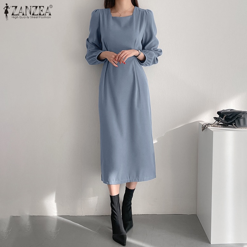 Đầm ZANZEA dáng dài cổ vuông tay dài phối dây buộc thời trang thường ngày cho nữ