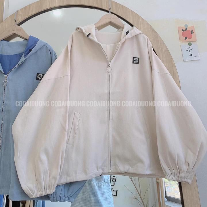 Áo khoác nhung có mũ họa tiết logo phối khóa tròn ulzzang/ Áo khoác nữ mặc thu đông tay bồng dáng rộng unisex | BigBuy360 - bigbuy360.vn