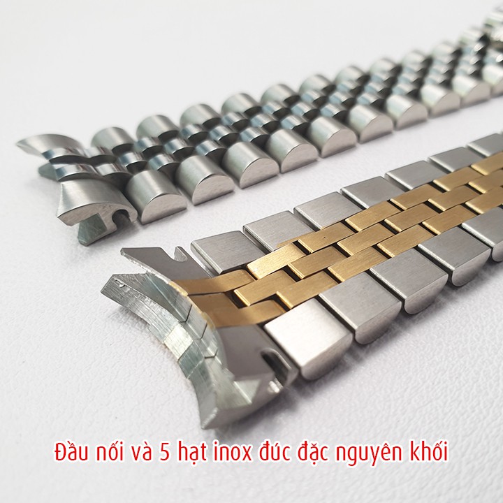 Dây đồng hồ 5 hạt inox đúc đặc, khóa 1 gập logo cao cấp, size 20mm, tặng kèm chốt - D2106