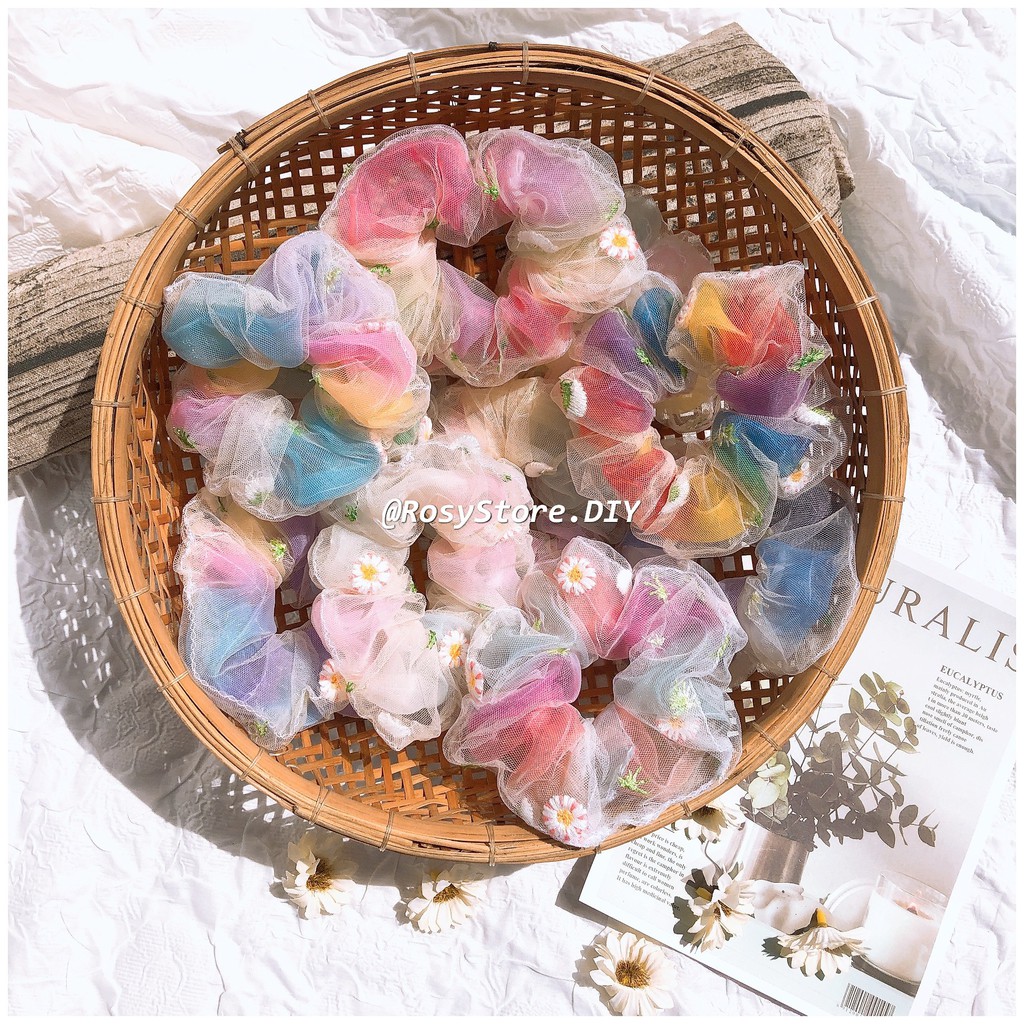 CỘT TÓC VẢI SCRUNCHIES CÚC LÁ THÊU VOAN CẦU VỒNG 2 LỚP - PHONG CÁCH ULZZANG PHỤ KIỆN THỜI TRANG NỮ GIÁ RẺ ĐẸP