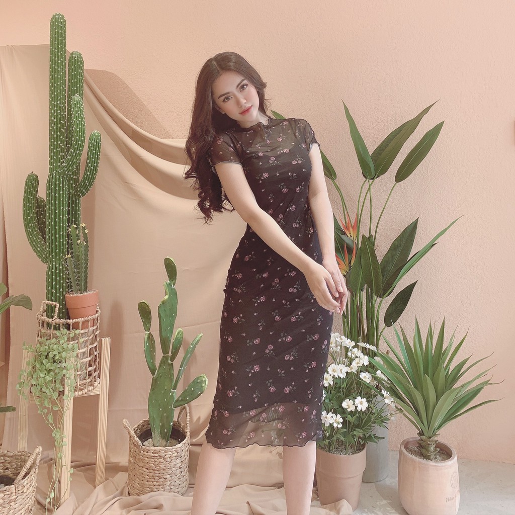 Đầm ôm body cổ tròn dáng dài hoa nhí/ Đầm ôm dáng dài hoa nhí sexy (2 mẫu hoa) | BigBuy360 - bigbuy360.vn