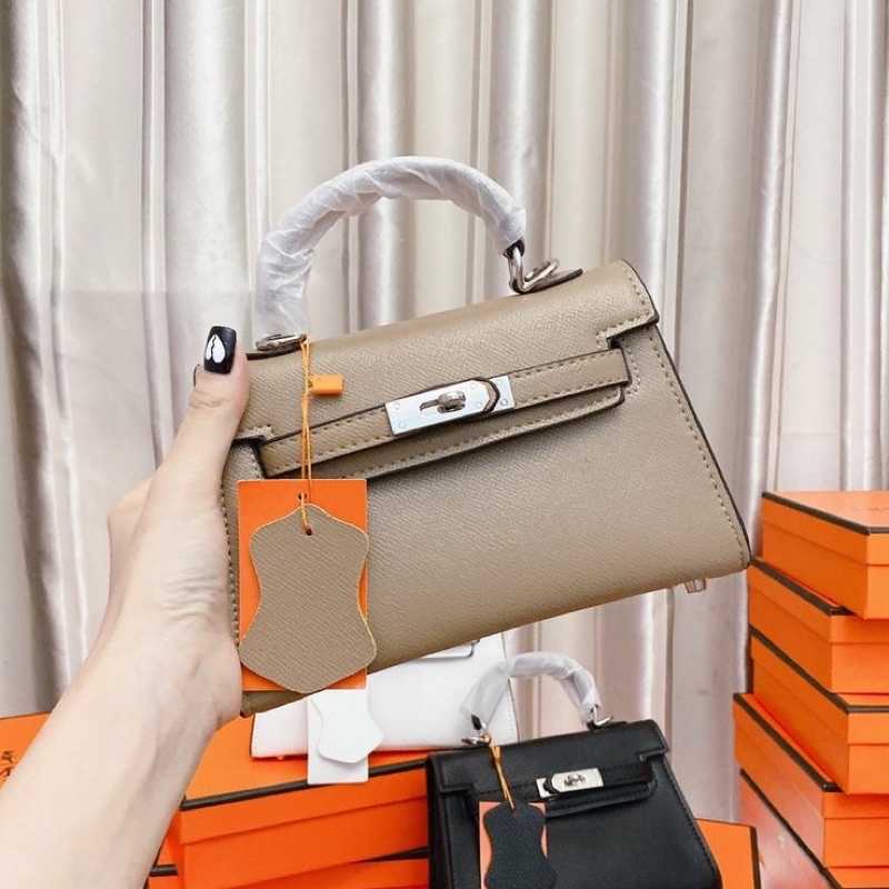 Túi H.M Kelly Dáng Lùn, Túi Xách Nữ Đeo Chéo Da Gạo Size 19cm