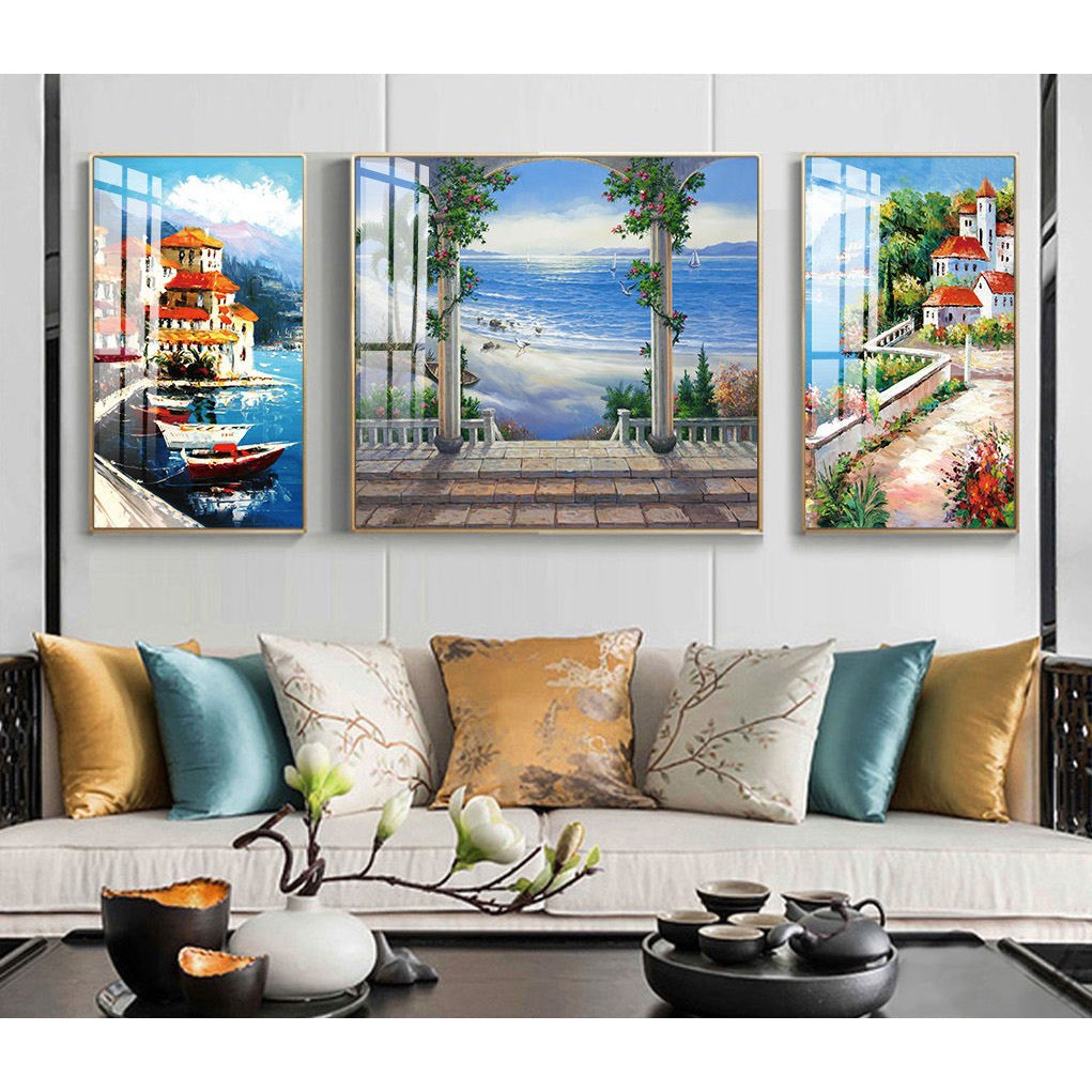 TRANH BỘ 3 CANVAS - HOA LA THIÊN NHIEN THÁP EIFFEL PARI - MELYHOME- KEM KHUNG