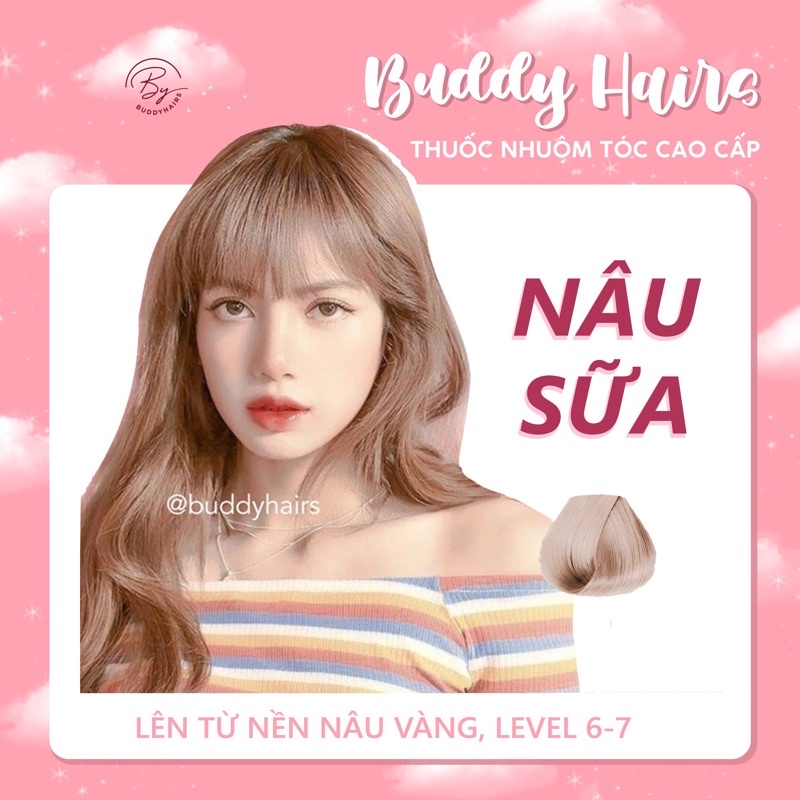 Thuốc nhuộm tóc NÂU SỮA , NÂU TRÀ SỮA không dùng Thuốc tẩy tóc của Buddyhairs tặng kèm găng tay , mũ trùm , trợ nhuộm