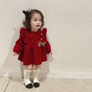 Váy bé gái vải nhung đỏ 3 cúc cách điệu qate858 - ảnh sản phẩm 2