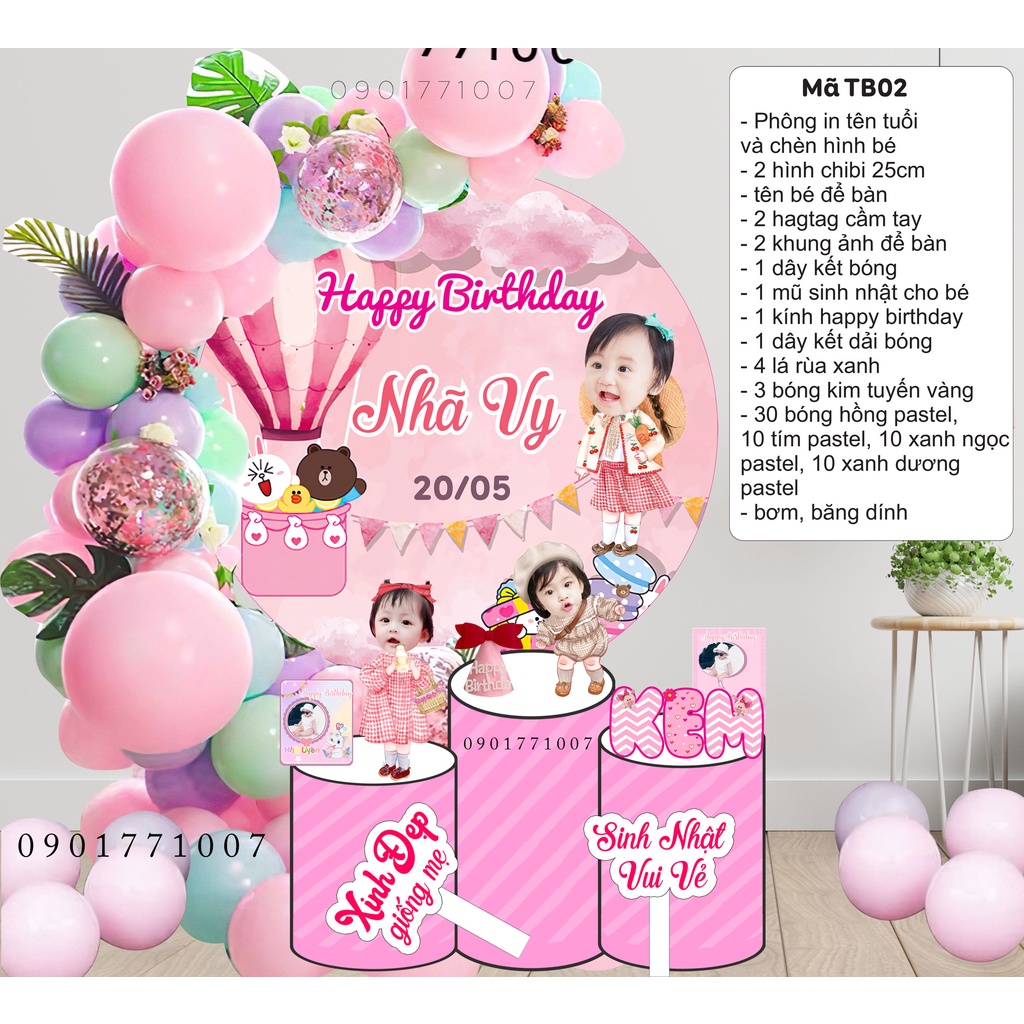 Trang trí sinh nhật cho bé 1 tuổi combo bóng sinh nhật kèm set bàn tiệc hình chibi, bảng tên cho bé giá rẻ