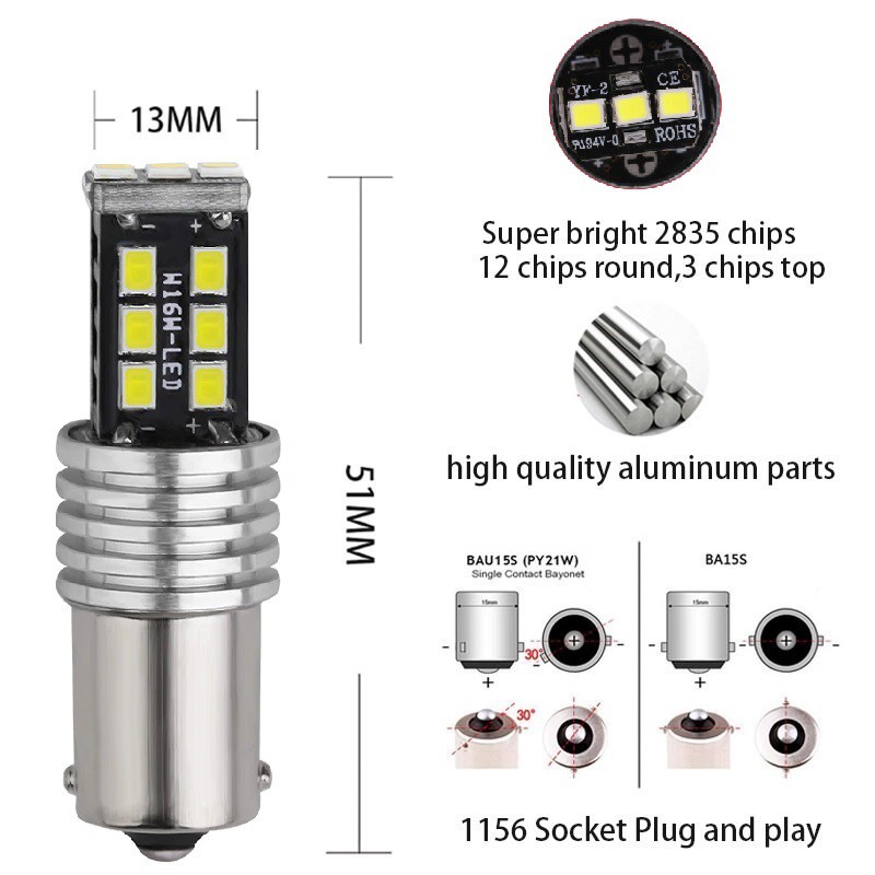 Led 1156 Chip 2835 Có 15 Mắt Led - 15smd Đèn Xi Nhan, Đèn demi, Đèn lùi ô tô xe máy, xe đạp điện 12V-24V