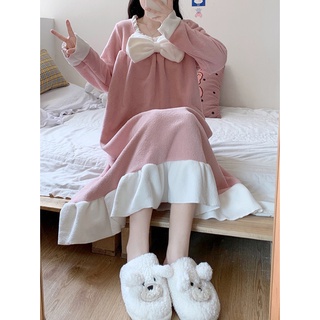 Váy ngủ nữ mùa đông gắn nơ tiểu thư , cute