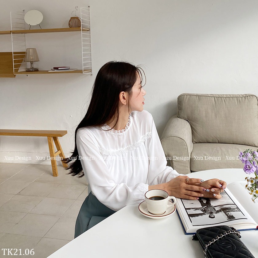 Áo sơ mi nữ trắng dài tay công sở Xuu Design, Áo kiểu phối vền ren thời trang TK21.06